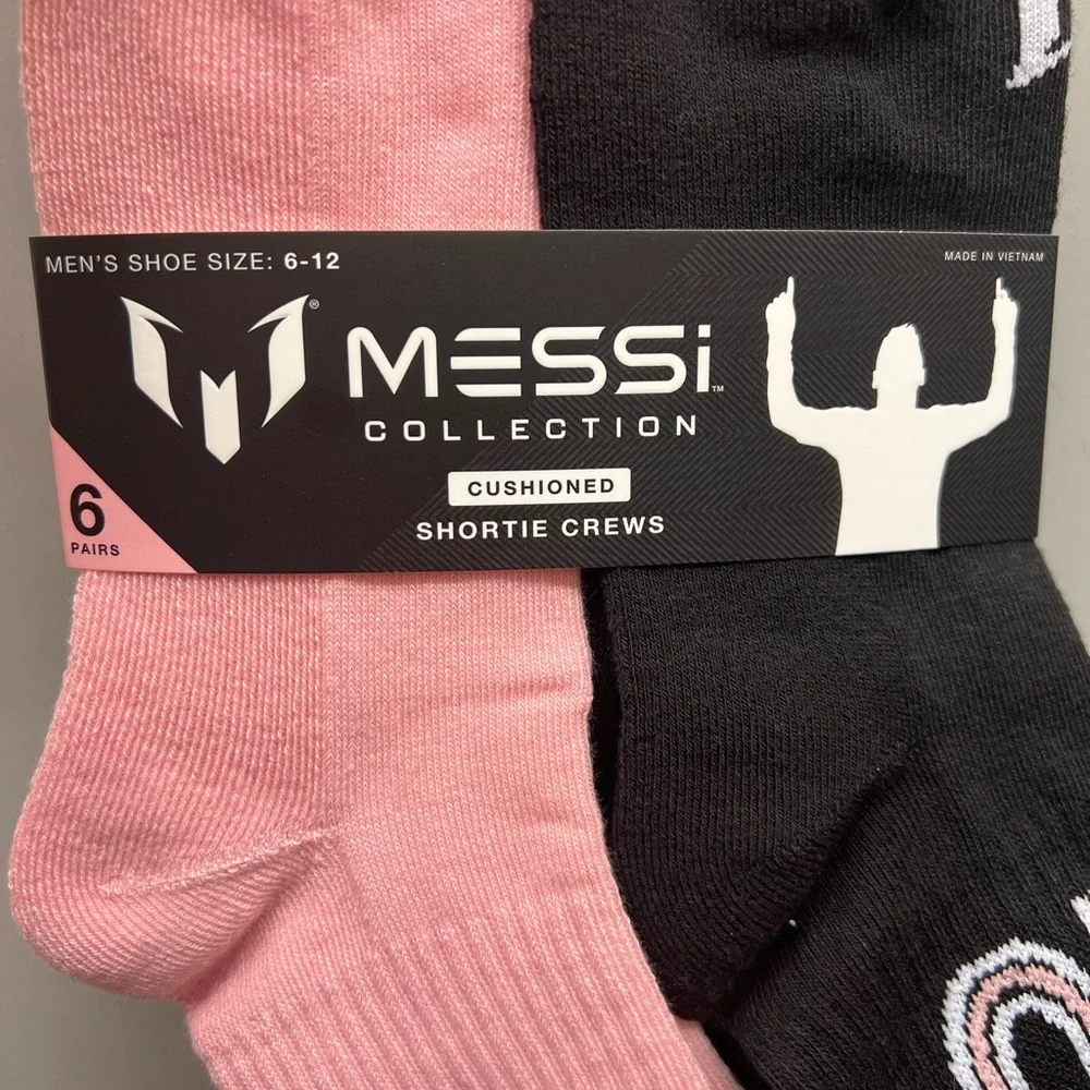 MESSI Cushioned Shortie Crews - Pink and Black Size Men’s 6-12 Women’s 10-13